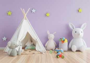 A blue teepee tent with stuffed animals on a rug in a purple room with wood floors