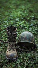 Military boots and helmet placed on grass field, symbolizing fallen soldiers, somber and respectful, high detail, veterans day background, veterans day banner, Veterans Day 