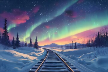 Spectacular Aurora Borealis Northern Lights Over Snowy Mountains