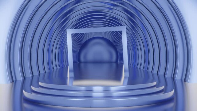 Round blue metal podium with red circle background and thin round gold border on top. The perfect platform to showcase your products. 3D animation looping background