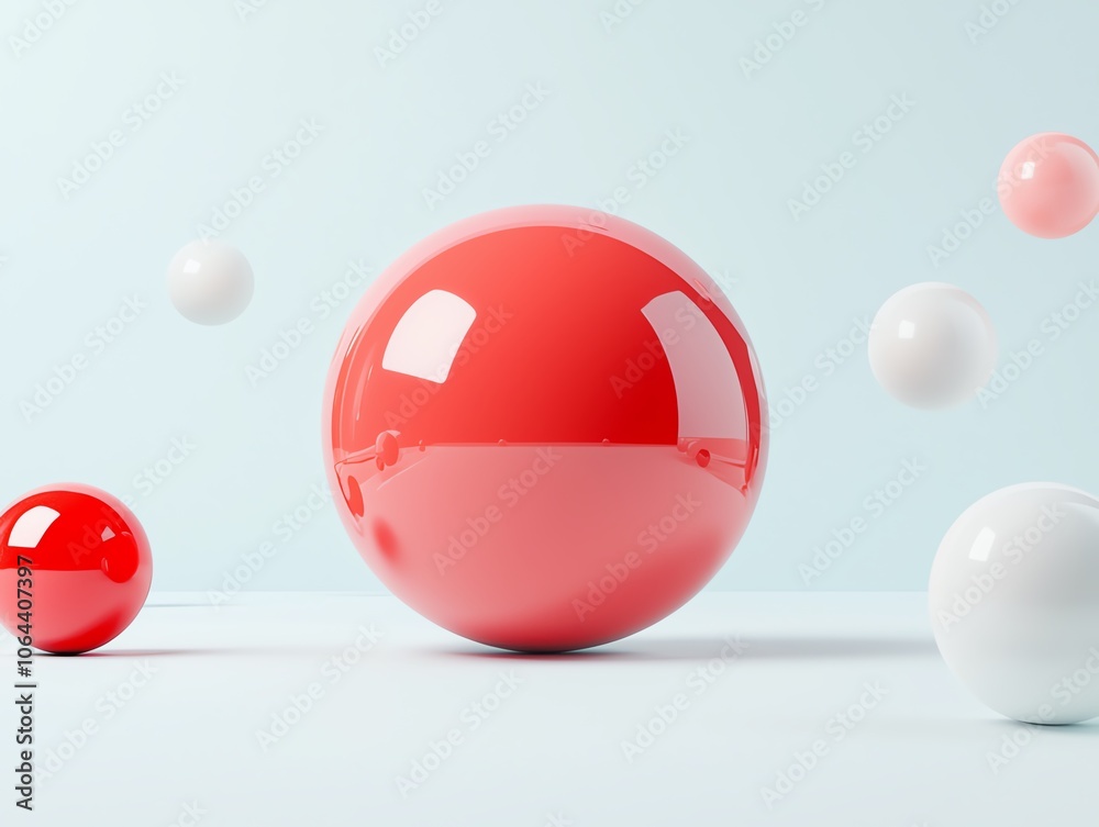 Poster Colorful glossy spheres in various sizes floating against a light blue background, creating a playful and modern visual effect.