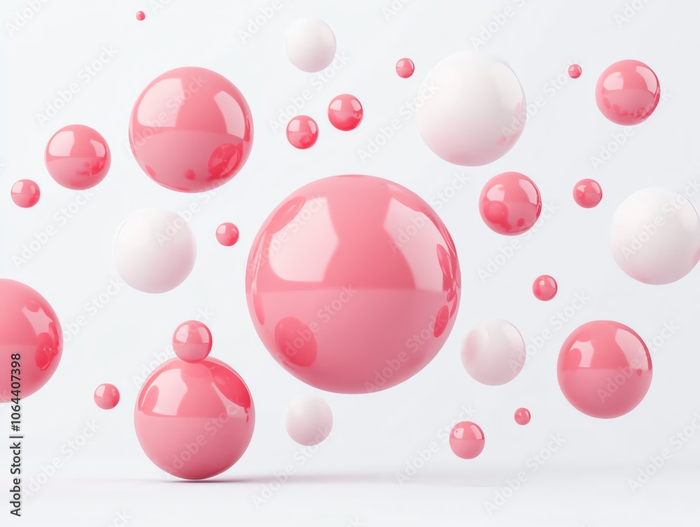 Poster Colorful pink and white spheres floating in a white isolated background, creating a vibrant and playful visual effect.