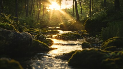 Fototapeta premium Sunbeams Illuminating a Forest Stream