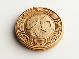 A decorative wooden coin featuring intricate designs and symbols, isolated on a white background. Perfect for cultural themes and artistic presentations.