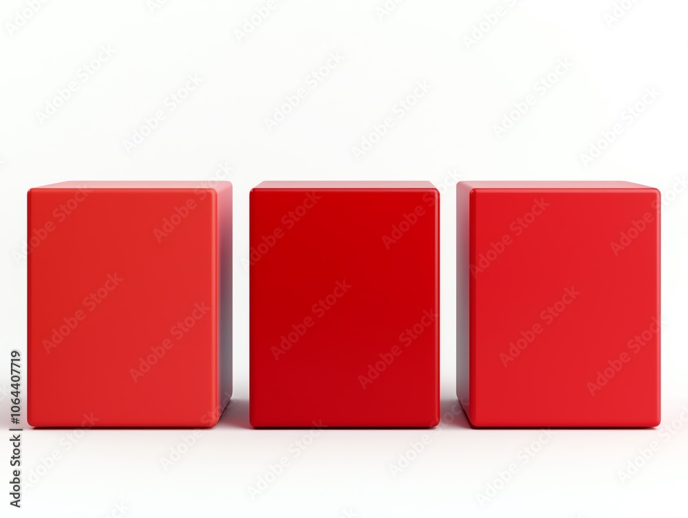 Poster three red blocks arranged in a line against a white isolated background, perfect for design and crea