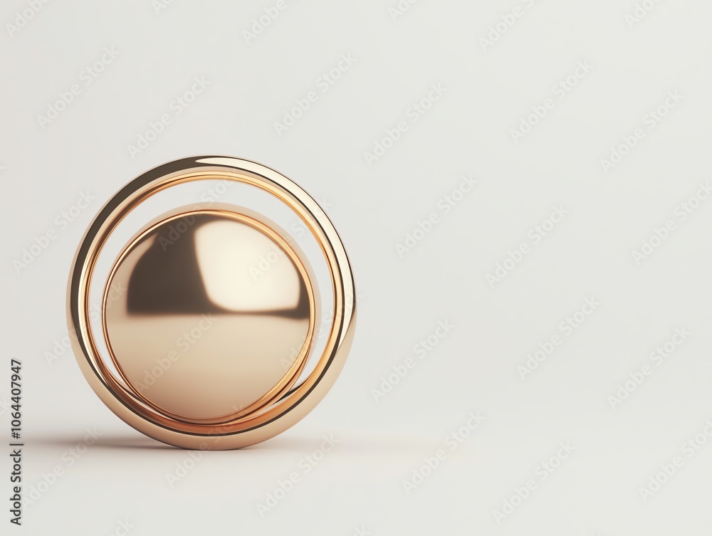 Poster a sleek, abstract golden sphere with concentric rings resting on a smooth surface, showcasing modern
