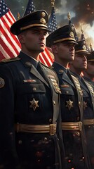 Military honor guard with American flags at attention, ceremonial atmosphere, powerful and dignified, realistic detail, veterans day background, veterans day banner, Veterans Day