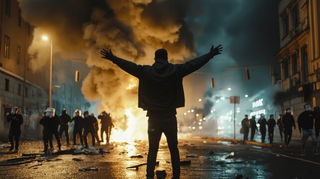 Urban chaos - riots with protesters clashing in city streets amid fire and smoke, depicting scene of emergency, violence, with police controlling situation during a major upheaval.