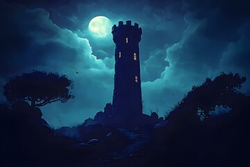 Dark Wizard Tower Looming in the Night Sky