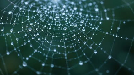 Obraz premium A delicate spider web is covered in numerous tiny dew drops that glisten and sparkle, spider silk, liquid droplets