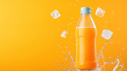 A dynamic shot of an open sports drink bottle with liquid splashing, creating an energetic effect. The drink is a vibrant orange color, with ice cubes around the bottle and droplets on its surface.