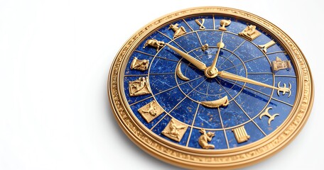 Obraz premium A beautifully designed astrological clock featuring zodiac symbols and intricate details against a white isolated background.