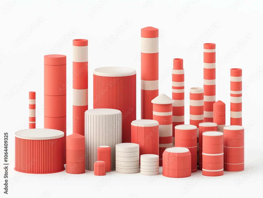 Poster a collection of abstract cylindrical shapes in red and white, arranged organically against a white b