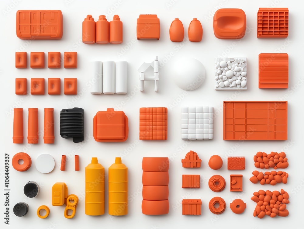Poster a collection of orange and white geometric shapes and objects arranged neatly on a white background,