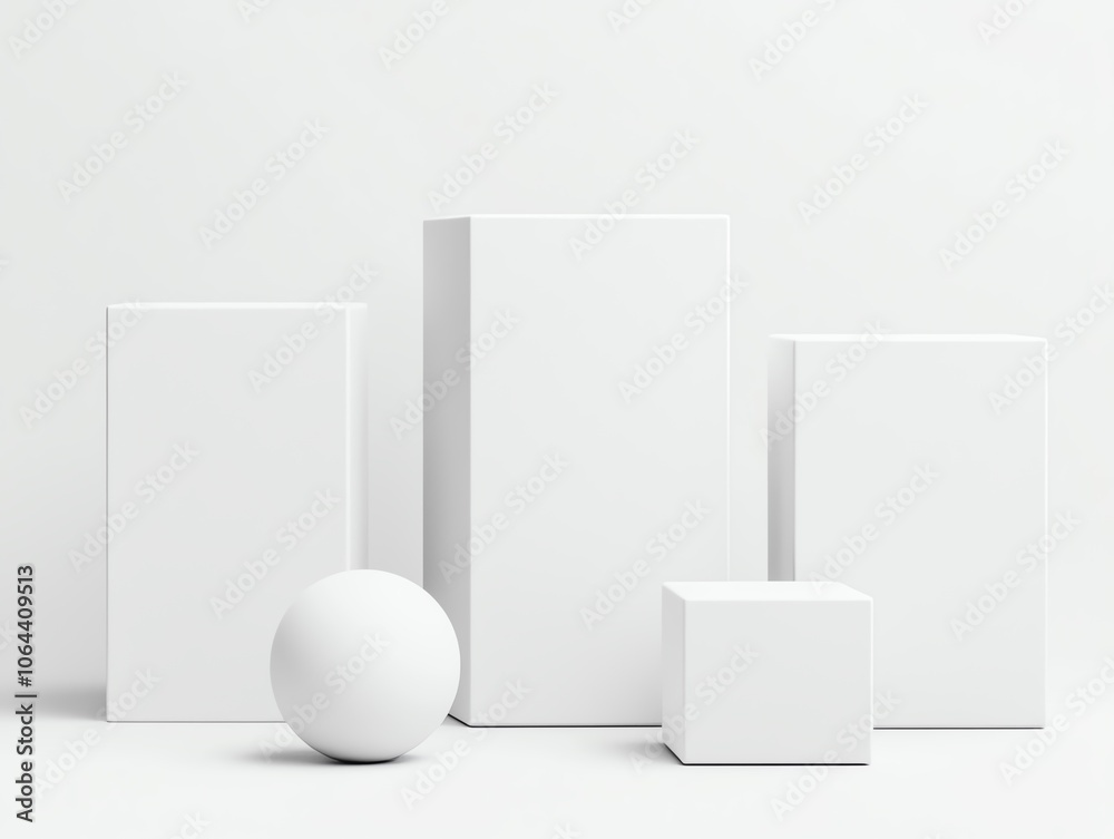 Poster A collection of various 3D geometric shapes including rectangles, a cube, and a sphere, all with a clean white surface and placed on a minimalist white background.