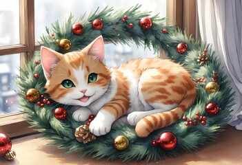 Cat and Christmas wreath