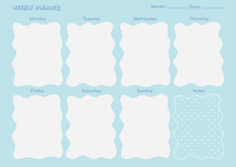 Weekly planner with flowers light blue set,  five pages ready to print, design with Y2K Style, girly style with lettering type text, schedule and organization