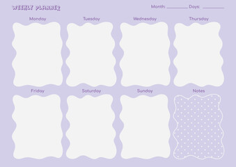 Weekly planner with flowers pastel violet purple set, five pages ready to print A4, design with Y2K Style, girly style with lettering type text, schedule and organization