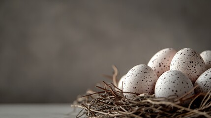 Obraz premium Speckled Eggs in Nest on Neutral Background