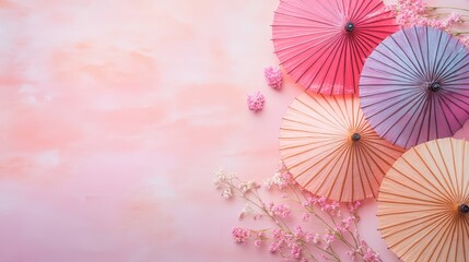 Colorful Umbrellas and Flowers on Soft Background