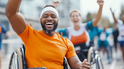 Joyful athlete celebrates finish line success in wheelchair race