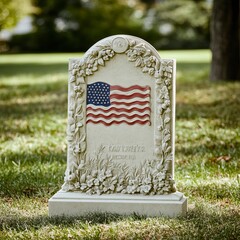 White tombstone with American flag on it, cemetery with green grass, peaceful atmosphere, honoring fallen soldiers, veterans day background, veterans day banner, Veterans Day