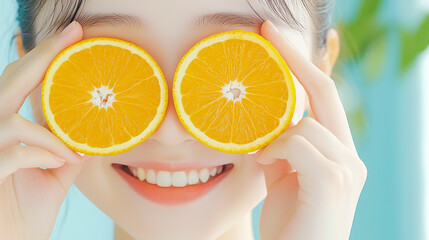 Cheerful woman covering eyes with slices of orange in kitchen