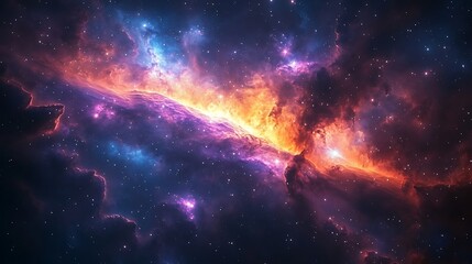 Fototapeta premium A colorful nebula with bright orange, blue and purple hues in a dark night sky with a dense field of sparkling stars.