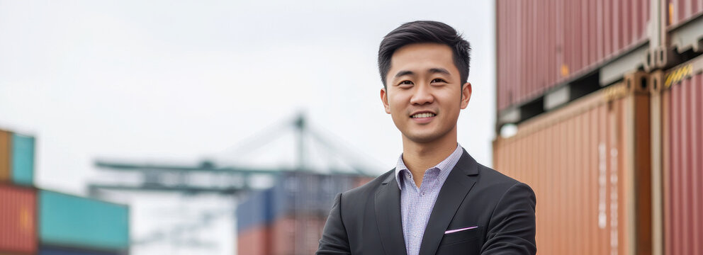 Confident Businessman in Front of Shipping Containers at a Port