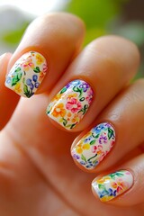 A woman's hand holding a white manicure with colorful flowers on it