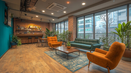 Naklejka premium Modern cozy lounge area with colorful chairs and natural light in a contemporary setting