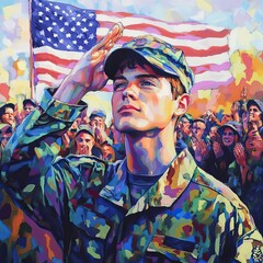 Fototapeta premium Young soldier saluting at Veterans Day parade, American flag in background, crowd cheering, bright colors, patriotic scene, veterans day background, veterans day banner, Veterans Day