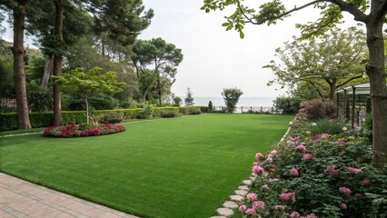A landscape featuring a lush green artificial lawn surrounded by trees and flowers, garden scenery, foliage, floral arrangements, greenery