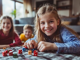 Fototapeta premium A cheerful girl plays with colorful dice alongside friends, enjoying a fun-filled game moment in a cozy indoor setting.