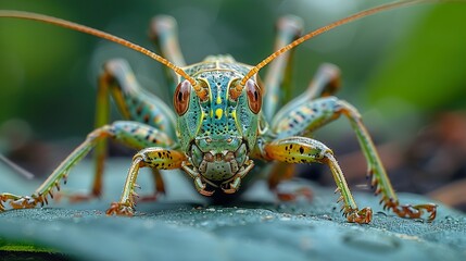 Fototapeta premium Close-Up Macro Photography of a Vibrant Green Grasshopper on a Leaf