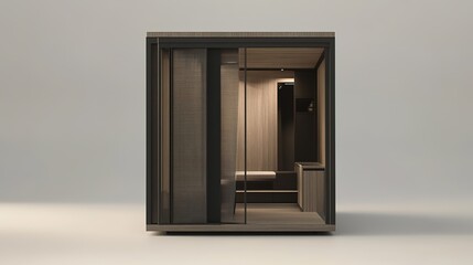 Interior of a tiny house, thoughtfully furnished with wooden elements, fabric, and dark metal accents, featuring shades of beige, brown, and dark gray for a cozy and modern atmosphere.