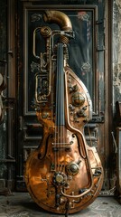 Naklejka premium Steampunk Double Bass: A Futuristic and Artistic Masterpiece