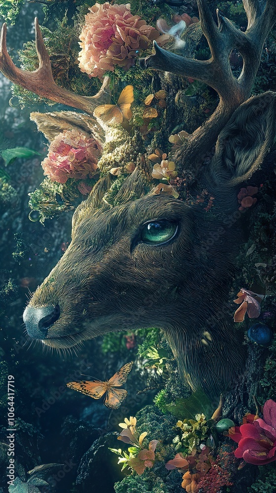 Wall mural Deer in a Floral Forest: A Surreal Nature Portrait