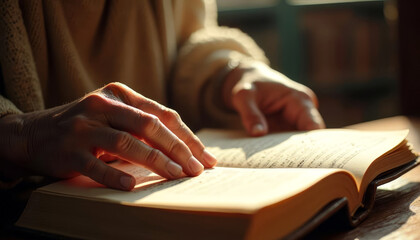 World braille day: hands reading braille on an open book in sunlight - Powered by Adobe