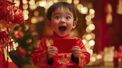 A joyful child in a red outfit excitedly holds a red envelope, surrounded by festive decorations, celebrating a cultural holiday.