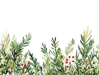 Cheerful watercolor style arrangement of rosemary and pine with red berries, perfect for seasonal decor and festive themes