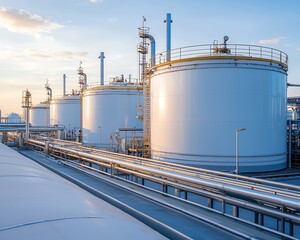 Obraz premium Industrial storage tanks under a blue sky, featuring pipelines and a modern facility with a clean, organized appearance.