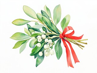 joyful watercolor style Christmas mistletoe bundle with green leaves and white berries, tied with red ribbon, perfect for festive decorations