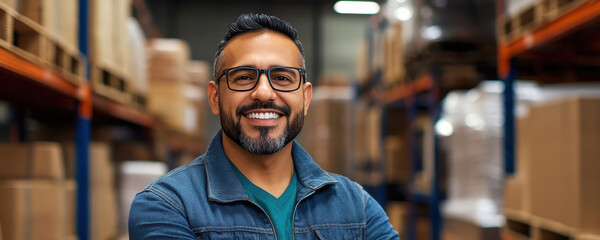 Fototapeta premium Confident Warehouse Manager Smiling in a Storage Facility
