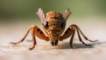 Fototapeta premium A macro shot of a tiny, isolated insect with intricate details, perched on a white background