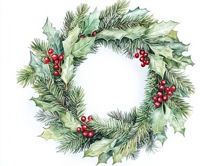joyful watercolor style pine and holly wreath adorned with red berries, perfect for festive decorations and seasonal celebrations. This beautiful design captures essence of winter cheer