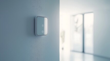 Sleek digital thermostat mounted on a light wall, blending modern technology with minimalistic interior design.