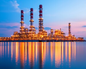 Obraz premium A stunning oil refinery illuminated at dusk, reflecting on water, showcasing industrial architecture in a vibrant blue and orange sky.