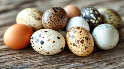 Obraz premium Colorful Variety of Quail and Chicken Eggs on Wood