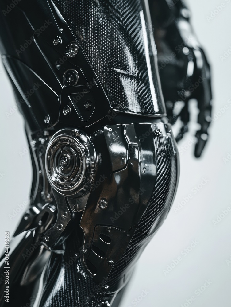 Poster a detailed view highlights the advanced materials and engineering of a modern prosthetic leg, emphas